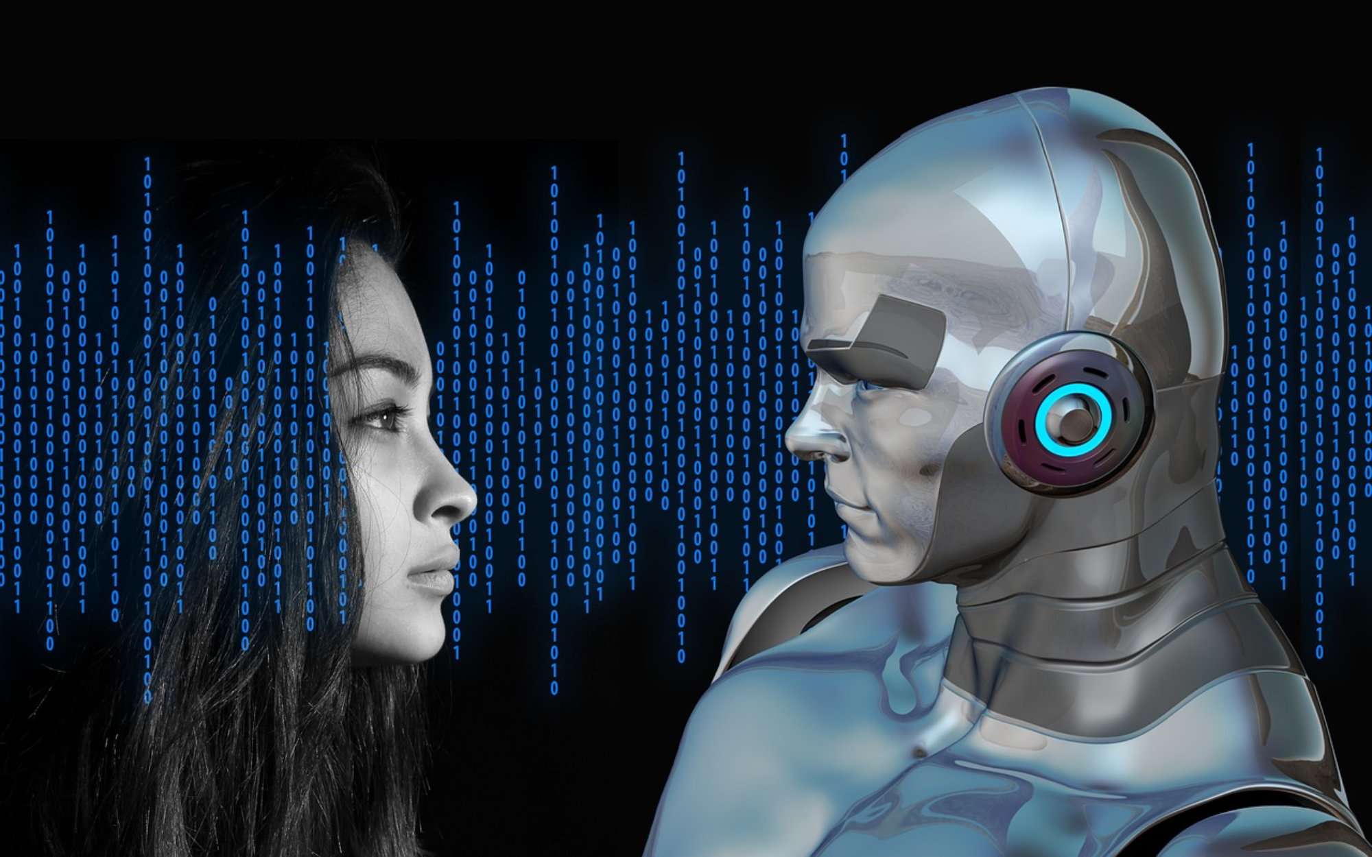 profile of woman facing robot with binary code in background