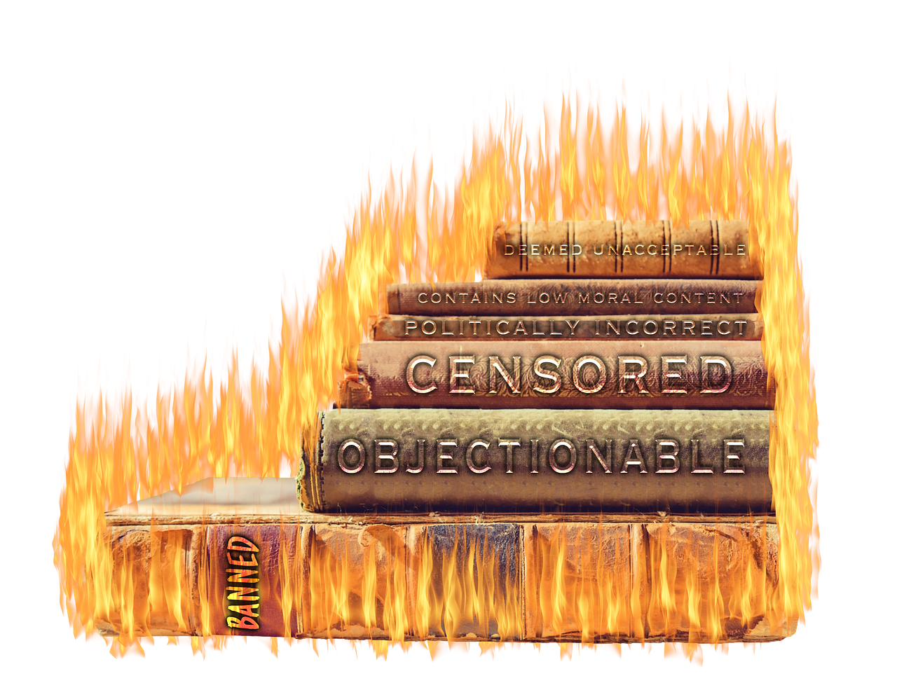 stack of books on fire