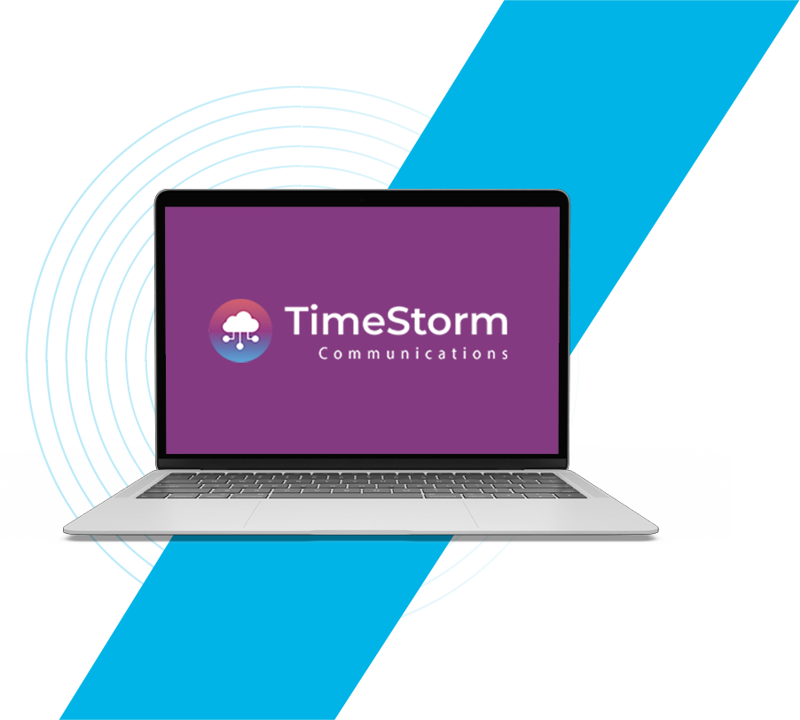 Laptop with TimeStorm Communications logo