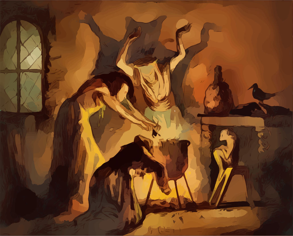 Sketch of witches around a cauldron