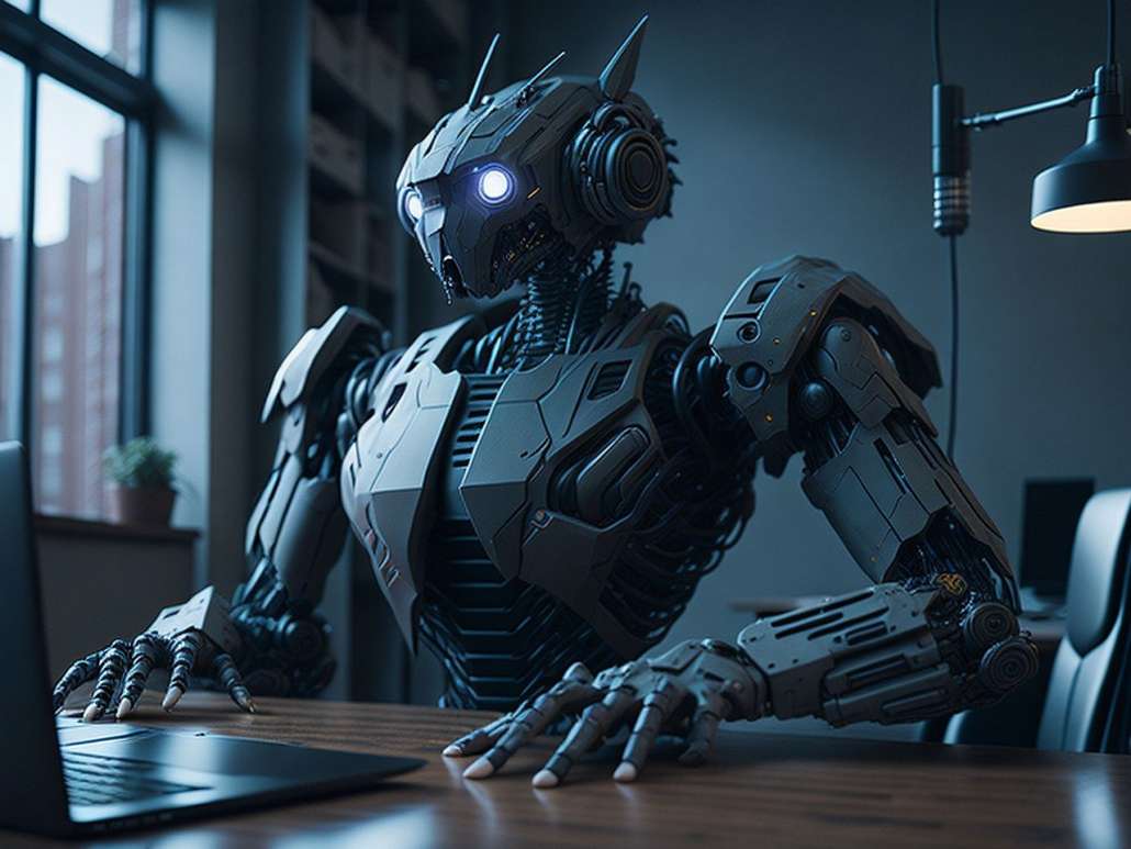 Transformer-type figure in front of laptop.