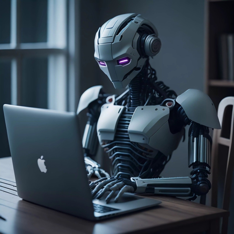 Robot working on an Mac notebook